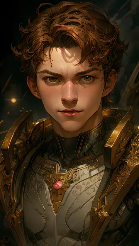 (8k portrait of handsome male cyborg with short hair:1.1), muscle boy, intricate, elegant, highly detailed, majestic, digital photography, art by artgerm and ruan jia and greg rutkowski surreal painting (gold filigree),  (masterpiece), sidelighting, (finely detailed beautiful brown_eyes:0.8), hdr, (colorful and vibrant:1.2), mystical colors,
  <lora:add_detail:0.4> <lora:detailed_eye:0.6>  <lora:tom-holland-spiderman:0.8>   <lora:JamesDoane:0.8>   <lora:OC illustration:0.4>  <lora:t3xtn:0.3>abstract background,