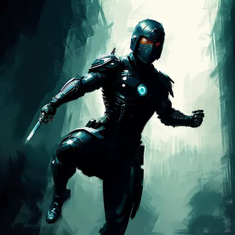  <lyco:JamesDoane:0.8>, cyborg ninja, full body, highly detailed, high definition, interesting composition, dynamic pose, (((dynamic background))), vivid, painterly,