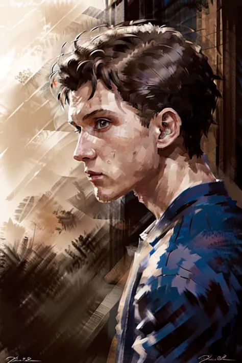 a portrait of
Tom Holland 
dynamic action, dynamic angle, profile, 
concept art
 masterpiece, highly detailed, highres, HQ, 
<lyco:JamesDoane:.75>