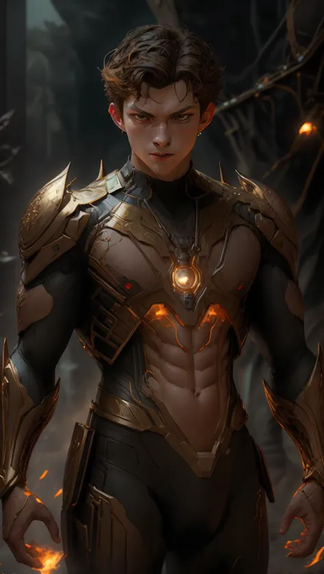 (8k portrait of handsome male cyborg with short hair:1.1), ((muscle abs boy)), intricate, elegant, highly detailed, majestic, digital photography, art by artgerm and ruan jia and greg rutkowski surreal painting (gold filigree),  (masterpiece), sidelighting, (finely detailed beautiful brown_eyes:0.8), hdr, (colorful and vibrant:1.2), mystical colors,  midriff peek, 
portrait of handsome mature man (tom holland) <lora:tom-holland-spiderman:1>, (8k, RAW photo, best quality, masterpiece:1.2), (realistic, photo-realistic:1.37), ultra-detailed, (high detailed skin:1.2), 8k uhd, dslr, soft lighting, high quality, film grain, Fujifilm XT3, professional lighting, photon mapping, radiosity, physically-based rendering photo, perfect face, handsome, concept art, detailed face and body, award-winning photography, detailed face, backlight, ultrarealistic, ray tracing, intense gaze, looking at viewer, cinematic lighting, embers, fantasy, action pose, mist, fog, RAW photo, 8k uhd, film grain, 1boy, mature_male, bright brown eyes,
  <lora:add_detail:0.4> <lora:detailed_eye:0.6>   <lora:JamesDoane:0.4>   <lora:OC illustration:0.4>  <lora:t3xtn:0.3>sci-fi wasteland style background, abstract background, Mech inlaid with (brilliant gems:1.3),  <lora:mecha(mjstyle):0.4> <lora:zhubao:0.4>