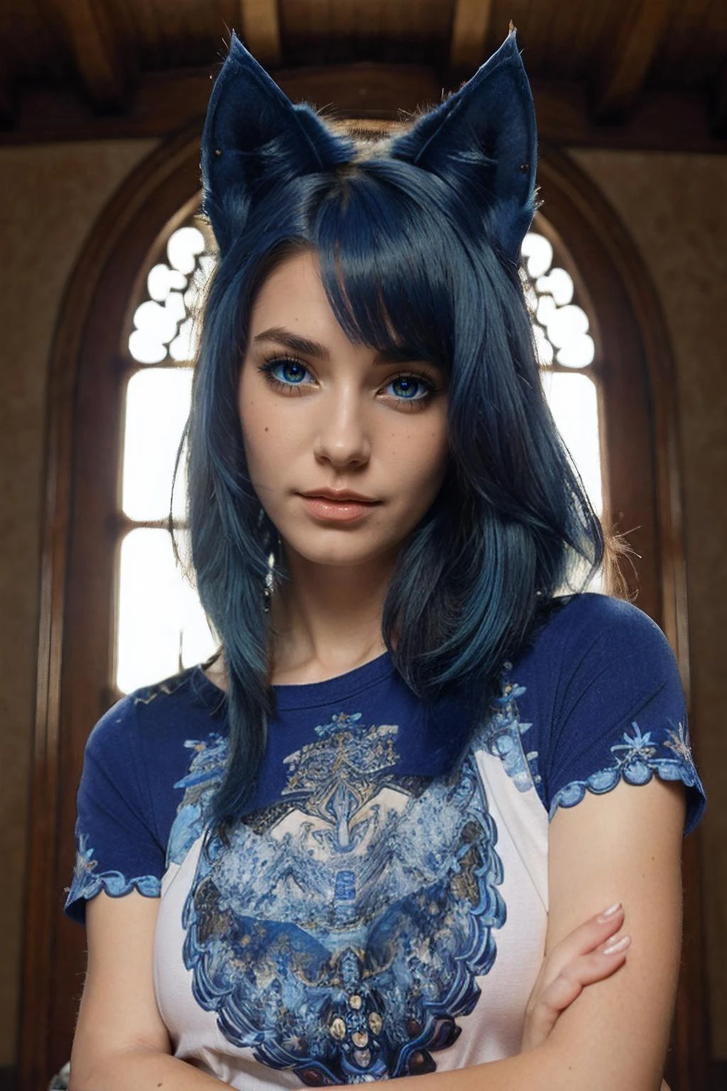 Un primer plano de una mujer con cabello azul y orejas de gato - SeaArt AI