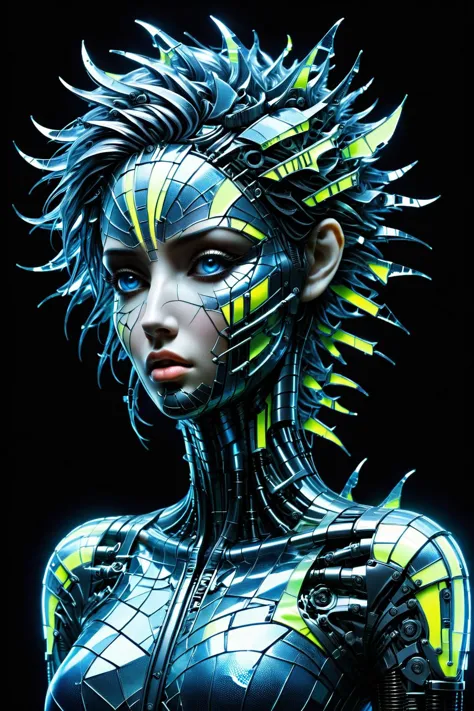 Biomech,Made_of_pieces_broken_glass,ral-reflectivest,A sexy and beautiful woman,bio-mechanical style,cyberpunk style,fluorescent,