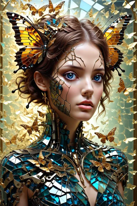 biomecânica,Made_de_pedaços_quebrado_vidro,8k portrait de beautiful cyborg with brown hair,Intrincado,elegante,Altamente detalhado,majestoso,Fotografia digital,arte de artgerm e ruan jia e greg rutkowski pintura surreal filigrana de borboleta dourada,quebrado vidro,(obra de arte, iluminação lateral, lindos olhos finamente detalhados:1.2),HDR,(corpo todo:1.2),