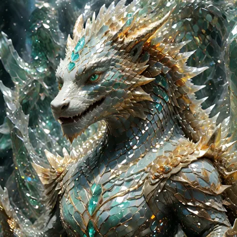gleaming diamond dragon with golden accents,radiating light,amidst brilliance,symetrical hyperdetailed texture,concept art,artstation,perfect composition,masterpiece,glittering professional photography,macro,canon lens,shot on dslr  megapixels sharp focus ethereal,from side,(girl:0.6),