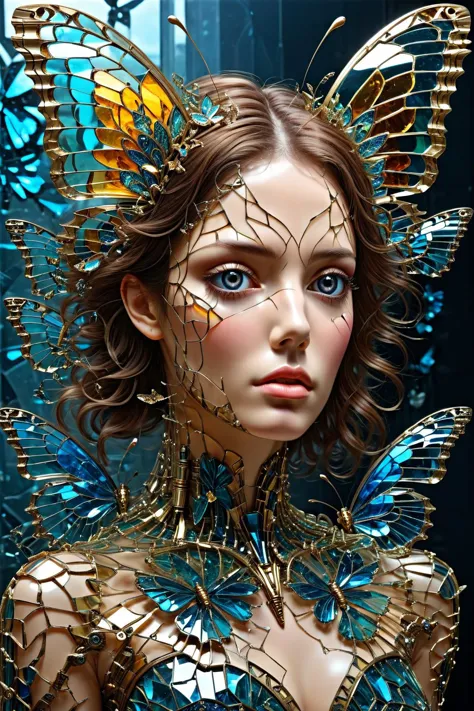 Biomech,Made_of_pieces_broken_glass,8k portrait of beautiful cyborg with brown hair,intricate,elegant,highly detailed,majestic,digital photography,art by artgerm and ruan jia and greg rutkowski surreal painting gold butterfly filigree,broken glass,(masterpiece, sidelighting, finely detailed beautiful eyes:1.2),hdr,(full body:1.3),