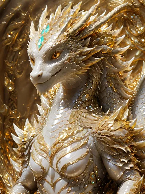 Dragón Dorado,cuernos de dragón,Dragón de diamantes relucientes con detalles dorados.,Luz radiante,en medio del brillo,textura simétrica hiperdetallada,filigrana de perlas,Arte conceptual,estación de arte,composición perfecta,exuberante,obra maestra,brillante fotografía profesional,macro,iluminación natural,Lente Canon,Disparo en dslr megapíxeles enfoque nítido etéreo,Foto policial,de un lado,(chica:0.5),