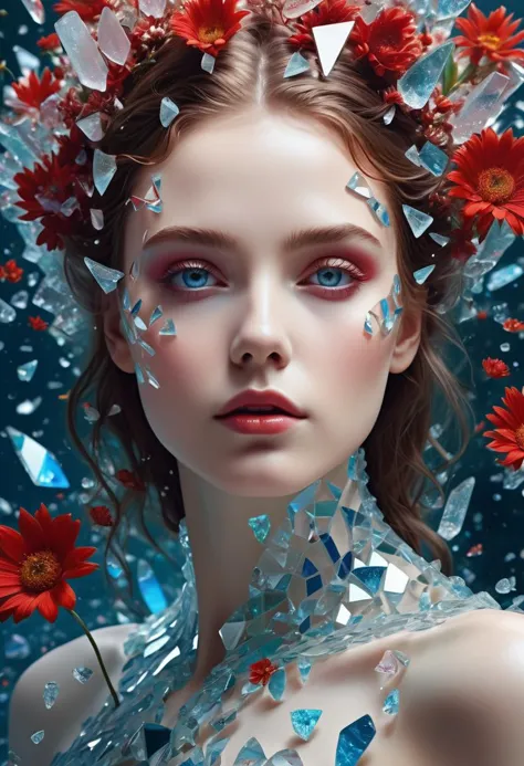 a woman with a flower crown and blue eyes and a red flower in her hair