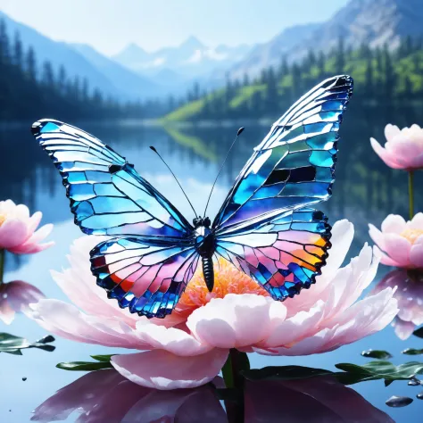 A butterfly made of glass  Made_of_pieces_broken_glass, lake, sitting on a pale pink peony flower,   <lora:Made_of_pieces_broken...