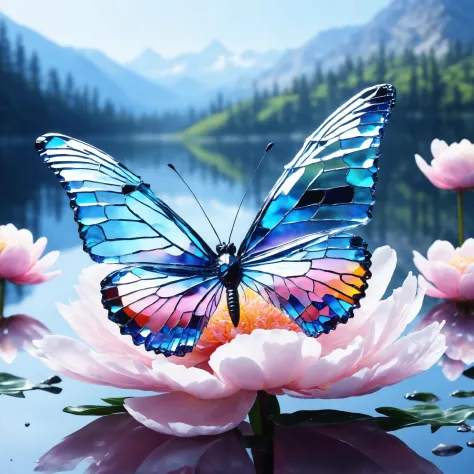 A butterfly made 的 玻璃  Made_的_件_破碎的_玻璃, 湖, 坐在淡粉紅色的牡丹花上,   