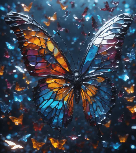 Made_of_pieces_broken_glass solo,wings,blurry,no human,butterfly wings, butterfly, focus,debris,shards, bright colors, glowing, ...