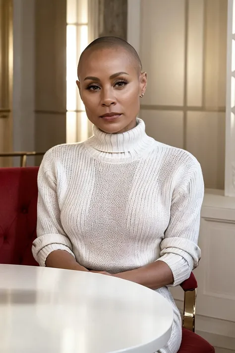 (full body shot:0.7), photorealistic photo of Japism, a bald woman, stunning and brave, solo, wearing a white sweater, sitting at a (red table:1.1), confessing that she had an entanglement with one of her son's friends, nothing wrong with that tho, it is what it is, please don't judge others, plus they have been separated since 2016 so it's ok, epic, looking at the camera, realistic, (masterpiece:1.1), (best quality:1.1), beautiful, (intricate details), unity 8k wallpaper, ultra detailed, aesthetic, perfect lighting,  <lora:Japism_V1-000007:0.85>