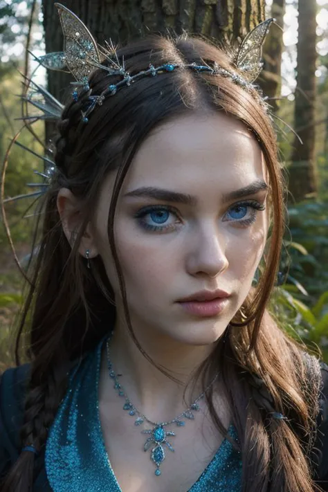 (8k, RAW photo, highest quality, dusk, HDR), surreal beauty, fictional scene, shocking beauty, (a fairy stands in an enchanted forest with porcupines), ((incredibly lifelike:1.4) beautiful 19 year old fairy woman, legendary, wee people), (masterpiece, incredibly realistic face, finely detailed beautiful eyes, (beautiful face:1.6)), the most beautiful ever, manicured, (elegant braided hair, bright blue eyes), (wearing bracelets and anklets and necklaces), extremely high-resolution details, ultra-detailed, high quality, in a magical forest, magic hour, dusk