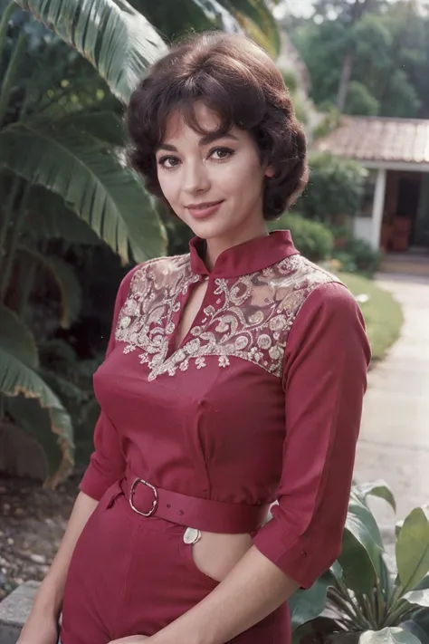 photorealistic photo of Ritmore, a middle aged woman, fine lines and wrinkles, wearing a red blouse, 1960s, 60s style, glamour, standing outdoors, outside, smiling, looking at the camera, realistic, (masterpiece:1.1), (best quality:1.1), beautiful, (intricate details), unity 8k wallpaper, ultra detailed, aesthetic, sun lighting, <lora:Ritmore_V1-000008:0.8>