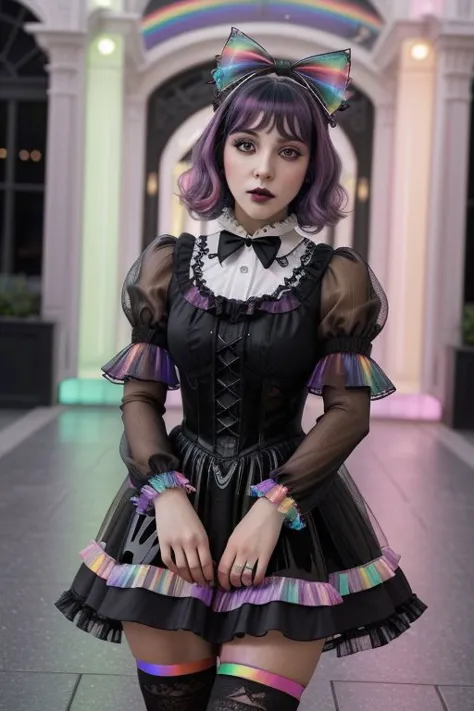 (glossy Goth pastel lolitafashion:1.3), obra maestra, mejor calidad, profesional detallado (tiro medio) foto de (Hermosa mujer adulta) Agotador (vestido lolita brillante e intrincado con arcoíris:1.2), (ropa translúcida brillante y brillante, tela aceitosa reluciente :1.1), (cara perfecta, Hermoso rostro, cara simétrica), Goth pastel (lápiz labial, sombra, máscara, Maquillaje pesado:1.1), (volantes, cordón, arcos:1.2), (Goth pastel stockings:1.1),
tiro ultra gran angular, estilo cinematográfico, 8K, foto cruda, fotorrealista, obra maestra, mejor calidad, absurdos, incredibly absurdos, enorme tamaño de archivo, extremadamente detallado, Textura de alta calidad, iluminación cinematográfica, renderizado basado físicamente, trazado de rayos,