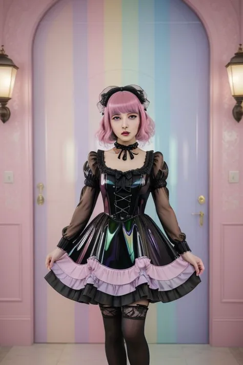 (glossy pastel goth lolitafashion:1.3), masterpiece, best quality, professional detailed (medium shot) photo of (beautiful adult...