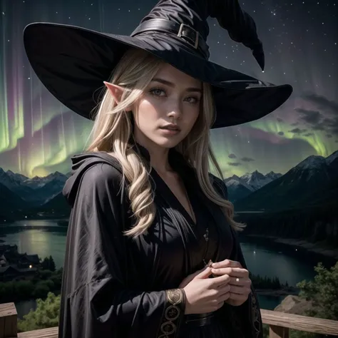 arafed image of a woman in a witch hat and black dress