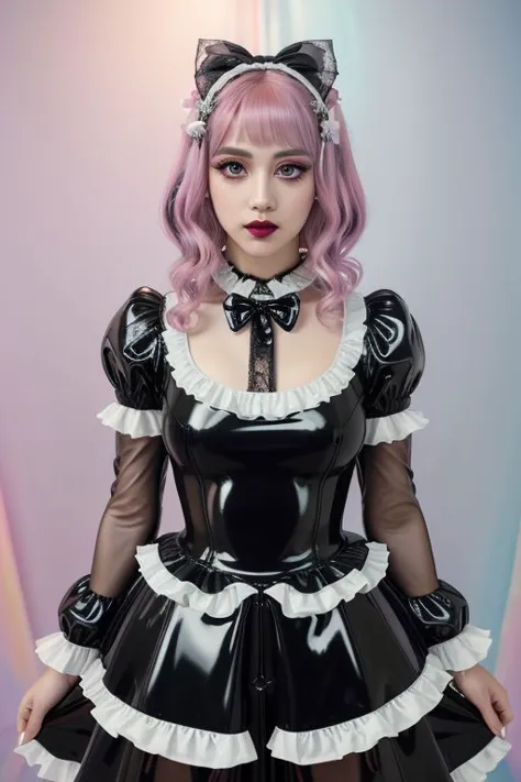 a woman in a black and white dress and a pink hair