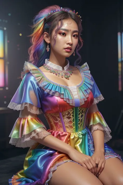 (rainbow theme:1.3), professional detailed (medium shot) photo of (beautiful Korean princess) wearing (intricate rainbow princes...