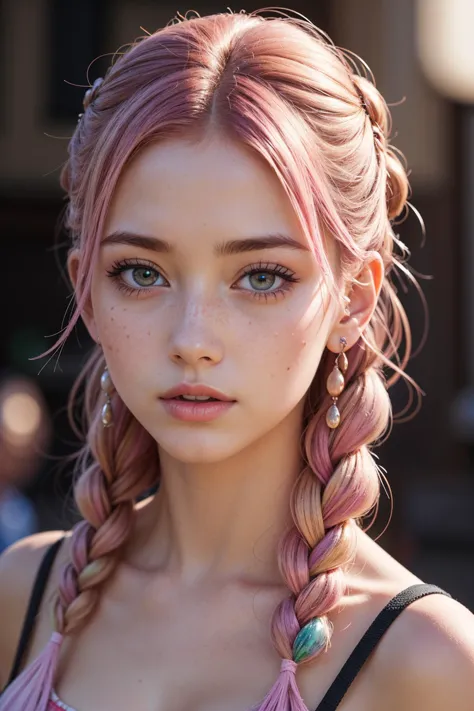 a close up of a woman with pink hair and a braid