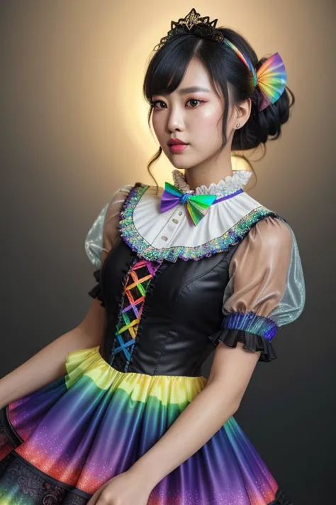 (rainbow theme, lolitafashion:1.3), masterpiece, best quality, professional detailed (medium shot) photo of (beautiful Asian woman) wearing (intricate rainbow lolitadress, multilayered dress:1.2), (shiny glossy translucent clothing, gleaming oily fabric :1.1), (perfect face, beautiful face, symmetric face), rainbow (lipstick, eyeshadow, mascara, heavy makeup:1.1), (frills, lace, bows:1.2), (rainbow stockings:1.1),
ultra wide angle shot, cinematic style, 8k, RAW photo, photo-realistic, masterpiece, best quality, absurdres, incredibly absurdres, huge filesize, extremely detailed, High quality texture, Cinematic Lighting, physically-based rendering, Ray tracing,