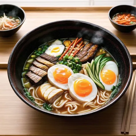 a close up of a bowl of ramen with meat and eggs