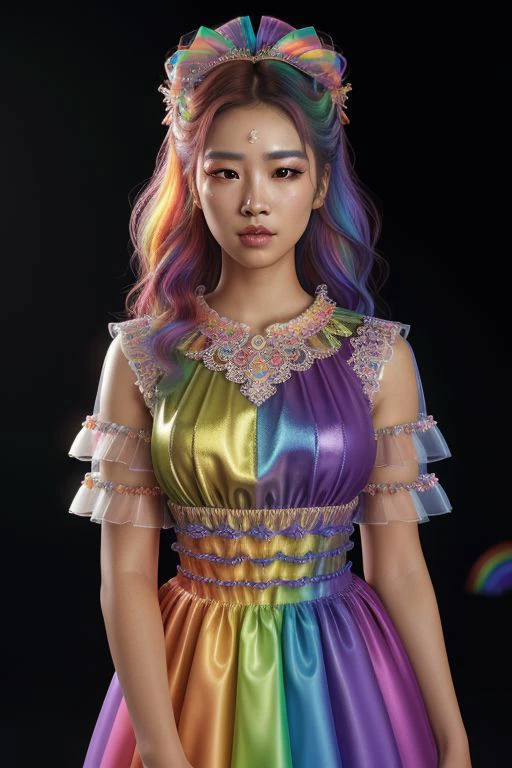 (rainbow theme:1.3), professional detailed (medium shot) photo of (beautiful Korean princess) wearing (intricate rainbow princess dress, multilayered dress:1.2), (shiny glossy translucent clothing, gleaming oily fabric :1.1), (perfect face, beautiful face, symmetric face), rainbow (lipstick, eyeshadow, mascara, heavy makeup:1.1), (frills, lace, bows:1.2), (rainbow stockings:1.1), (rainbow hair:1.1),
ultra wide angle shot, cinematic style, 8k, RAW photo, photo-realistic, masterpiece, best quality, absurdres, incredibly absurdres, huge filesize, extremely detailed, High quality texture, Cinematic Lighting, physically-based rendering, Ray tracing,