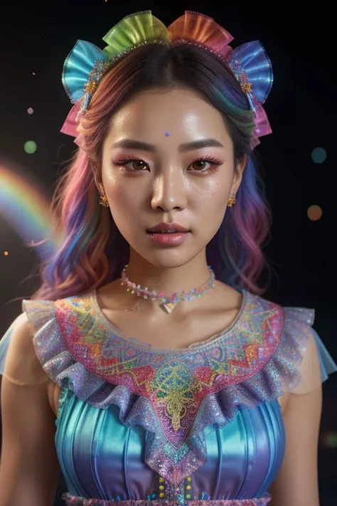 (rainbow theme:1.3), professional detailed (medium shot) photo of (beautiful Korean princess) wearing (intricate rainbow princess dress, multilayered dress:1.2), (shiny glossy translucent clothing, gleaming oily fabric :1.1), (perfect face, beautiful face, symmetric face), rainbow (lipstick, eyeshadow, mascara, heavy makeup:1.1), (frills, lace, bows:1.2), (rainbow stockings:1.1), (rainbow hair:1.1),
ultra wide angle shot, cinematic style, 8k, RAW photo, photo-realistic, masterpiece, best quality, absurdres, incredibly absurdres, huge filesize, extremely detailed, High quality texture, Cinematic Lighting, physically-based rendering, Ray tracing,