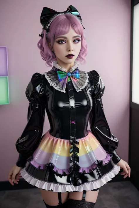 (glossy gótico pastel lolitafashion:1.3), obra de arte, melhor qualidade, profissional detalhado (tiro médio) Foto de (linda mulher adulta) Vestindo (vestido lolita de látex brilhante com detalhes intrincados em arco-íris:1.2), (roupas translúcidas e brilhantes, tecido de látex oleoso brilhante :1.1), (Rosto Perfeito, rosto bonito, rosto simétrico), gótico pastel (batom, sombra, mascara, maquiagem pesada:1.1), (babados, Renda, arcos:1.2), (gótico pastel stockings:1.1),
foto ultra grande angular, estilo cinematográfico, 8K, Foto CRU, fotorrealista, obra de arte, melhor qualidade, absurdos, incredibly absurdos, tamanho de arquivo enorme, extremamente detalhado, textura de alta qualidade, iluminação cinematográfica, renderização baseada fisicamente, Rastreamento de raio,