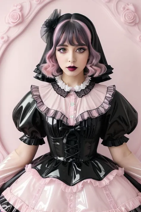 (glossy gótico pastel lolitafashion:1.3), obra de arte, melhor qualidade, profissional detalhado (tiro médio) Foto de (linda mulher adulta) Vestindo (glossy intricate gótico pastel lolitadress, vestido multicamadas:1.2), (roupas translúcidas e brilhantes, tecido de látex oleoso brilhante :1.1), (Rosto Perfeito, rosto bonito, rosto simétrico), gótico pastel (batom, sombra, mascara), (babados e rendas:1.1), (gótico pastel stockings:1.1),