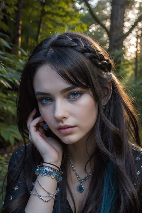 a close up of a woman with long hair and a necklace