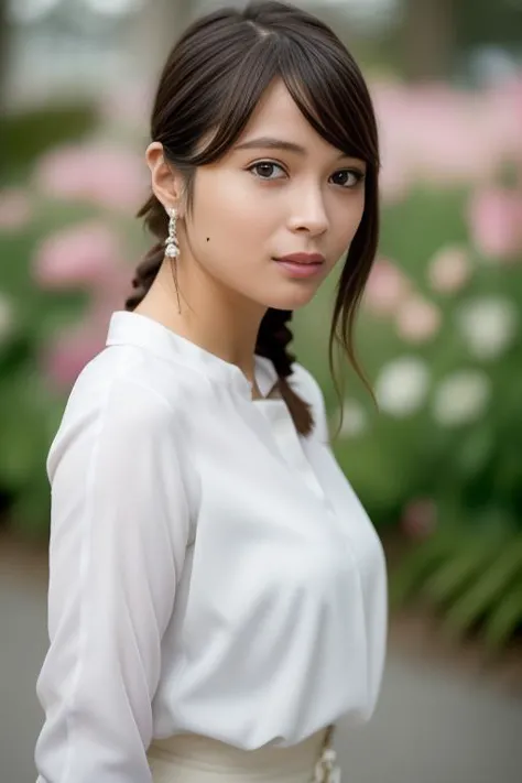 a woman in a white shirt and white skirt posing for a picture