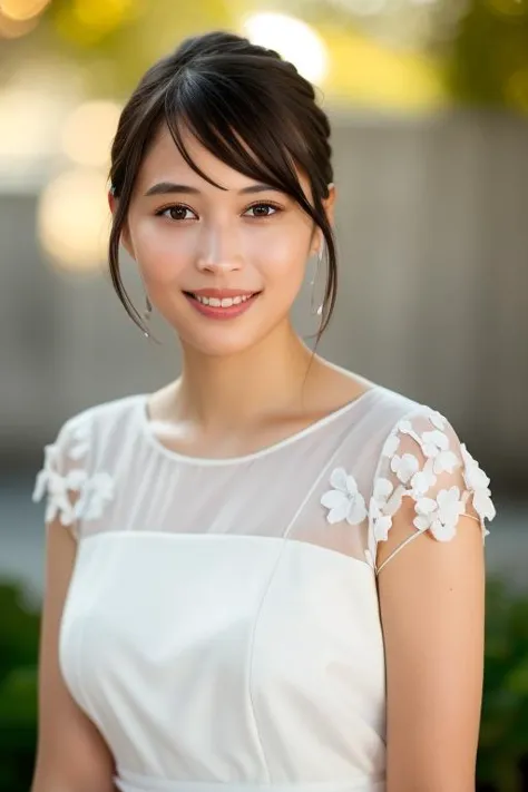 a woman in a white dress posing for a picture