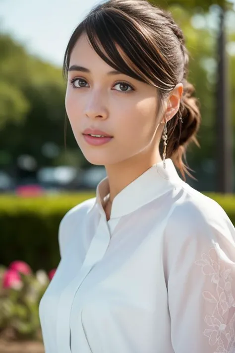 a close up of a woman in a white shirt posing for a picture