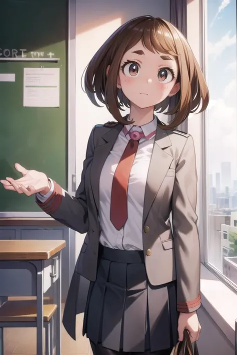 ochakouraraka, ochako uraraka, (uraraka ochako:1.5), (brown eyes:1.5), brown hair, short hair, blush, blush stickers,
BREAK grey jacket, jacket, pantyhose, school uniform, u.a. school uniform, necktie, red necktie, shirt, white shirt, collared shirt, long sleeves, skirt, green skirt, pleated skirt, short skirt,
BREAK indoors, classroom,
BREAK looking at viewer, cowboy shot,
BREAK (masterpiece:1.2), best quality, high resolution, unity 8k wallpaper, (illustration:0.8), (beautiful detailed eyes:1.6), extremely detailed face, perfect lighting, extremely detailed CG, (perfect hands, perfect anatomy),