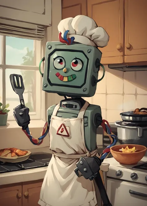 score_9, score_8_up, score_7_up, score_6_up,  <lora:Electracey:0.8>, robot, 1girl, solo, kitchen, chef hat, apron, cooking, detailed background