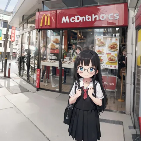 best quality, ultra-detailed, illustration,
makudo, storefront, scenery, poster (object), food, shop, outdoors, real world location, road, 
1girl, solo, glasses, black hair, long hair, blush, school uniform, school bag, happy, laughing, looking at viewer, standing,
 <lora:McDonald_JP_SD15_V2:0.8>