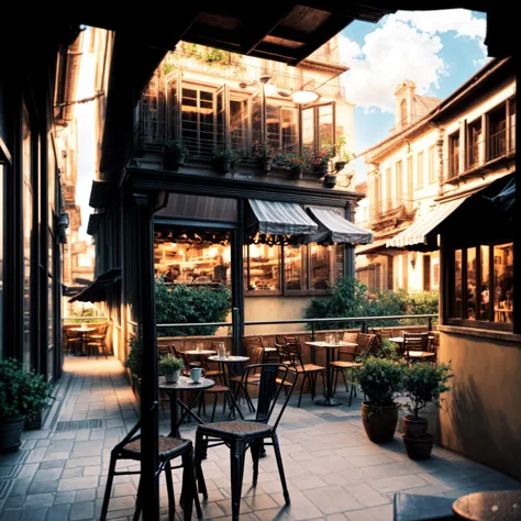 tables and chairs on a patio with a view of a building