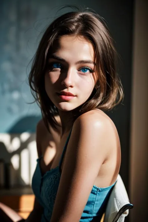 a close up of a woman with blue eyes sitting on a chair