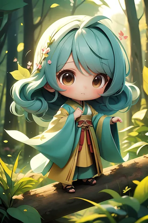 a cartoon girl with blue hair and a blue cape stands on a log in the woods