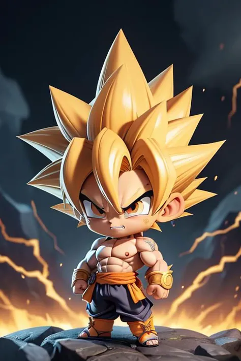 (masterpiece, best quality), intricate details, artstation, wallpaper, official art, splash art, storm in background, sharp focus, 1boy, (photorealistic:1.2) (bokeh) (best quality) (detailed skin:1.3) (intricate details) (8k) (detailed eyes) (sharp focus) son goku, angry, battle damage, blonde hair, blue sash, clenched teeth, furious, green eyes, male focus, muscular, muscular male, pectorals, sash, solo, spiked hair, super saiyan, super saiyan 1, teeth, topless male, torn clothes, wristband,full body, chibi <lora:goku_black1-10:0.7>,<lora:GoodHands-beta2:1>, cartoon rendering