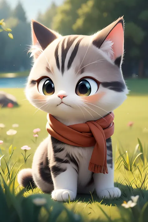 a close up of a cat wearing a scarf in a field