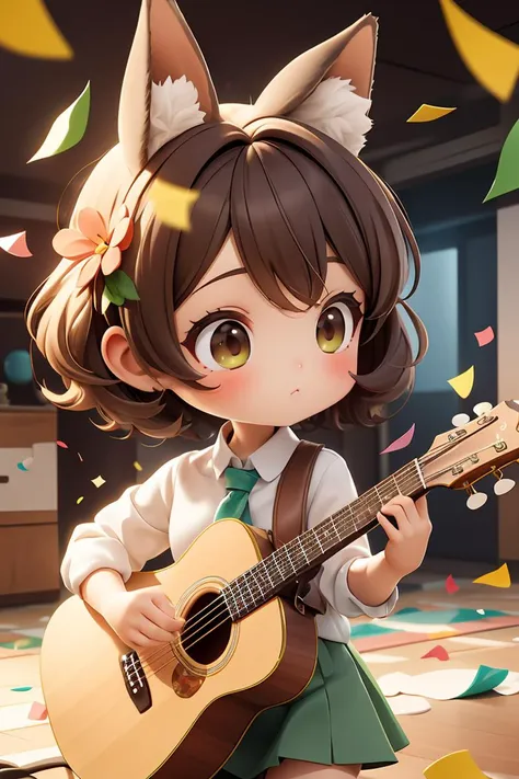 a close up of a girl with a guitar in a room