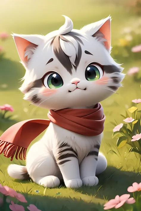 a close up of a cat sitting in a field of flowers