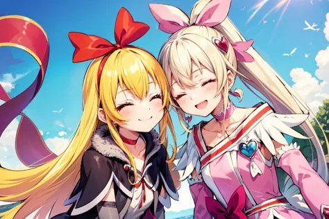 two anime girls with long blonde hair and bows are standing next to each other