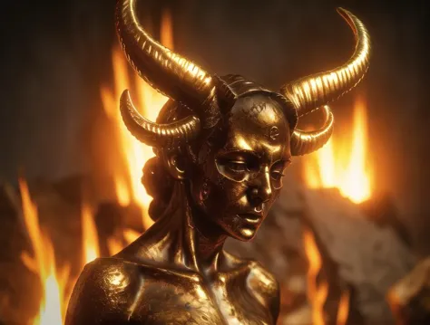 a closeup statue of a (one woman:1.4) with two long horns on her head, b3d, cgsociety, burning in hell, (aged gold, raid on gold...