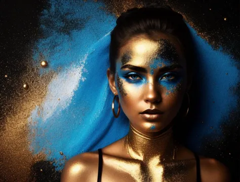 a woman body covered in blue and orange powder, pixabay contest winner, gold and black blu, trending on artstaton, metallic flecked paint, aztec mythology, space opera and dystopian style, blue monochromatic, djinn, <lora:abstractor_yiu_v10:0.5>