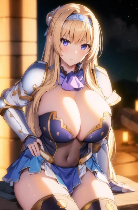(Night:1.7), Castle,in the dark castle,purple sky,star_\(sky\), starry_sky, tower, town,
sitting at attention, on the throne,
armor, gauntlets, wearing a blue outfit ,a red scarf with a bow around her neck, (Deep_cleavage), boots,greaves,thighhighs,navel,s...