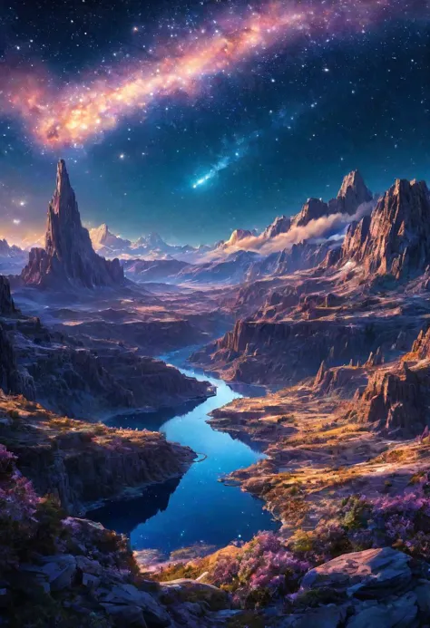 A dreamy night with stardust by Al Williamson,  (panoramic , artstyle-art deco but extremely beautiful:1.4), (intricate details, masterpiece, best quality:1.4)
Terragen, beautiful massive landscape, epic scenery, Terragen, , looking at viewer
<lora:add-detail-xl:1> <lora:xl_more_art-full_v1:0.5>  <lora:looking_at_viewer:2>