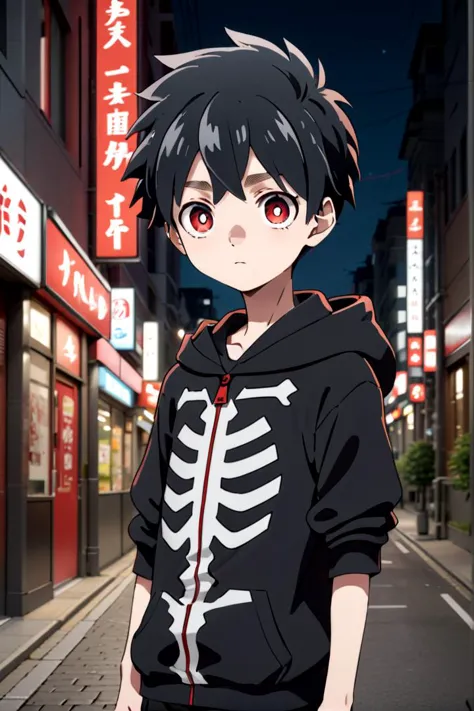 <lora:kabane-000009:0.7>
one 12-year-old boy named kabane_kusaka, standing alone in a city, his pupils are white his corona is red, he is wearing a black hoodie with a white skeleton pattern on its front, he has a smirk on his face,
draw it in the style of Kemono Jihen,
The soft lighting and detailed surroundings create an immersive environment where imagination runs wild hyper-detailed,
hyper-detailed face, high quality visuals, dim Lighting, sharply focused, octane render, 8k UHD