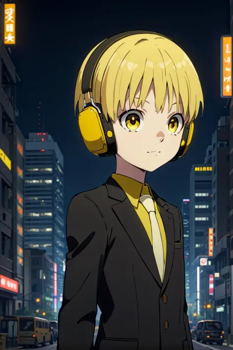 <lora:nobimaru-000009:0.7>
one 12-year-old boy named nobimaru, standing alone in a city, he has amber colored eyes,  he has yellow hair and he is wearing yellow headphones,
he wars a black suit,
draw it in the style of Kemono Jihen,
The soft lighting and detailed surroundings create an immersive environment where imagination runs wild hyper-detailed,
hyper-detailed face, high quality visuals, dim Lighting, sharply focused, octane render, 8k UHD